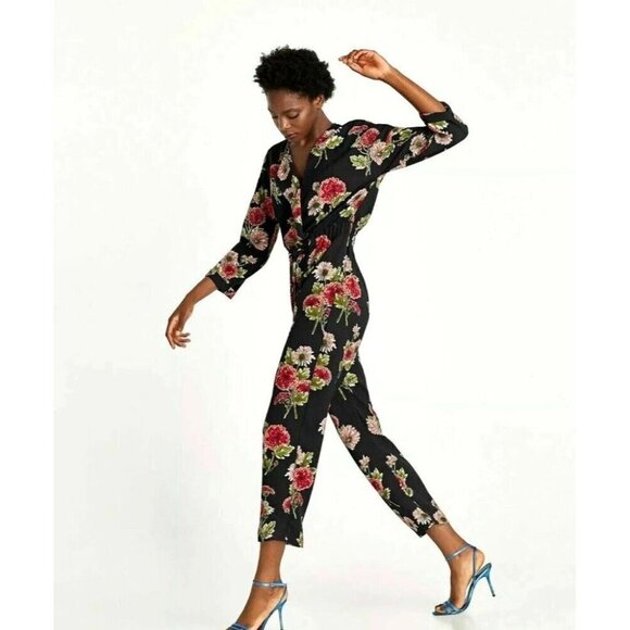 Zara DArk Florals Long Sleeve Jumpsuit S - Picture 1 of 10